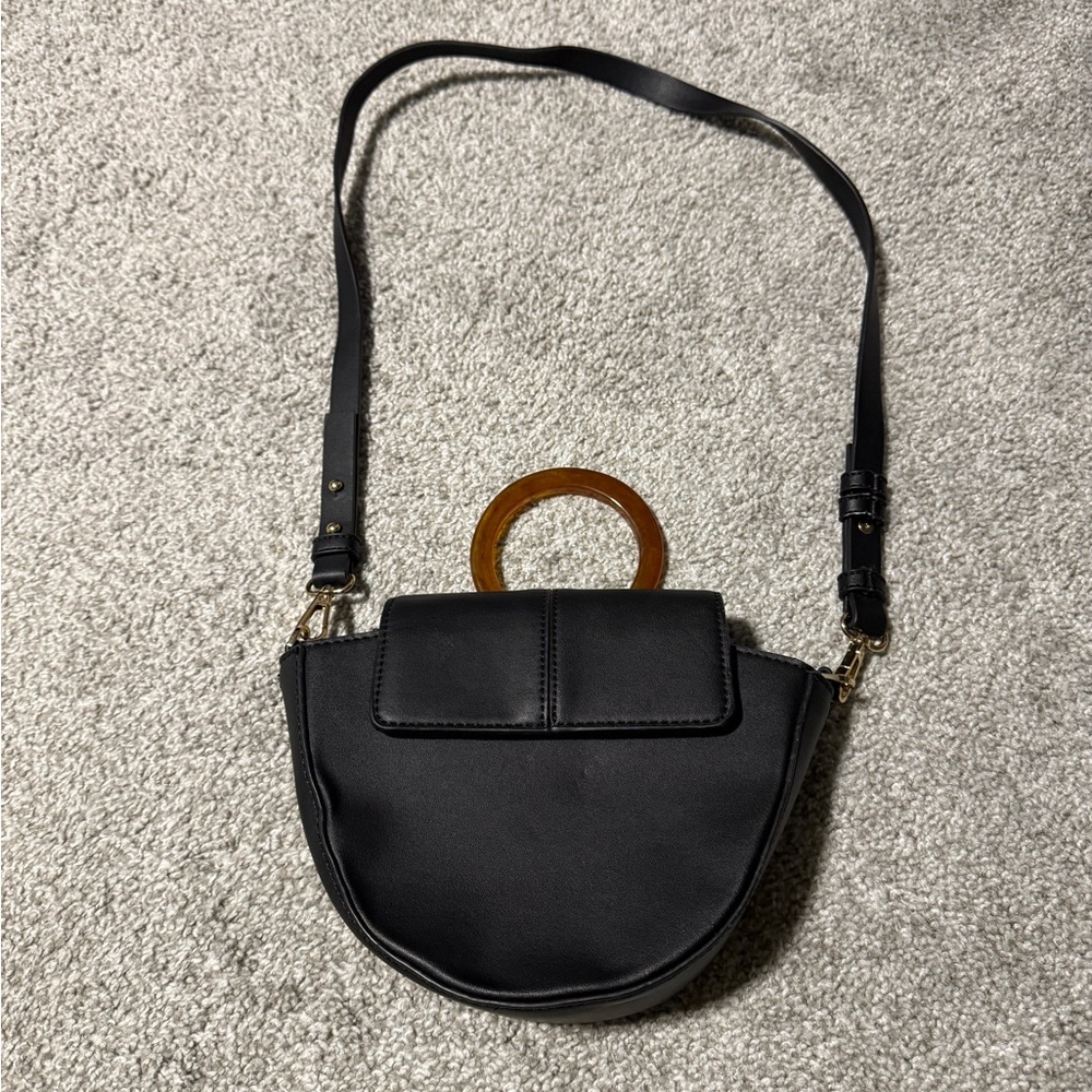 Black Leather Handbag with Wooden Looking Handle